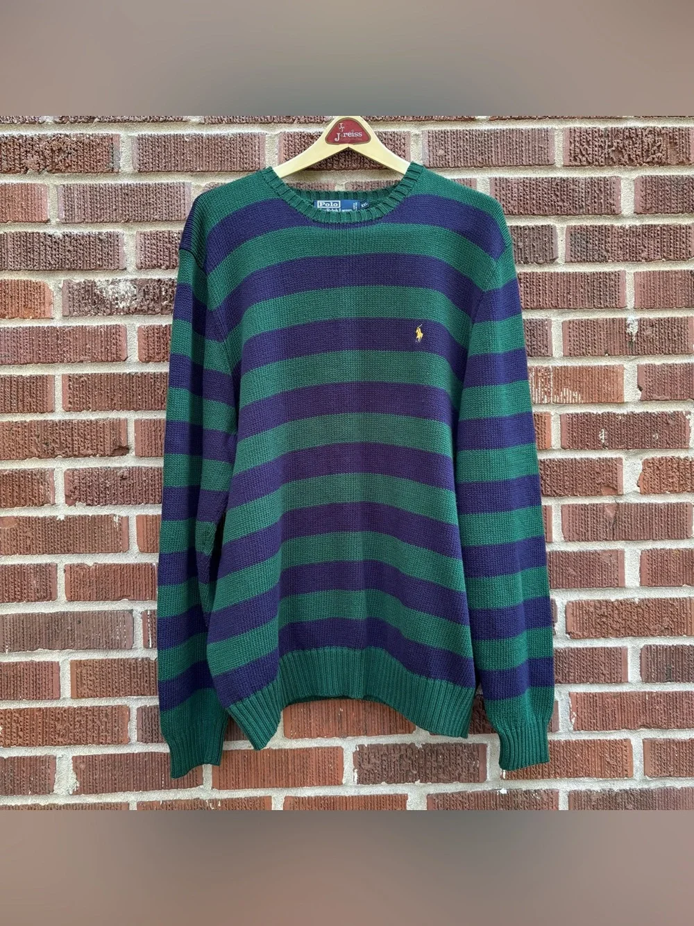 Vintage 90s Polo Ralph Lauren Mens Sz XXL Blue Green Striped Cotton Knit Sweater